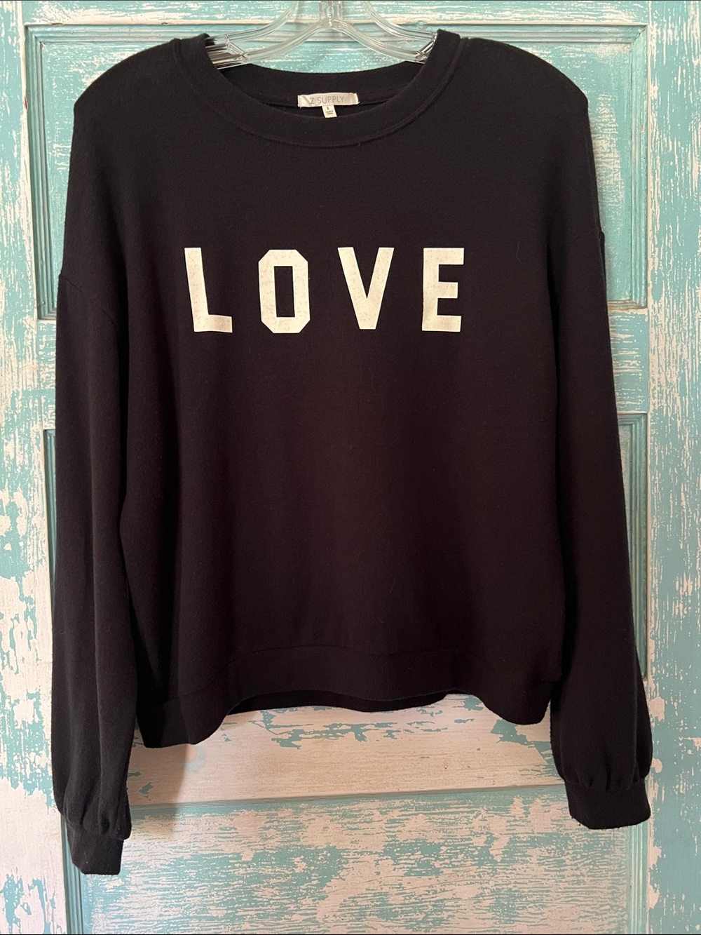 Z Supply Black Crewneck sweater Sweatshirt with modern White LOVE Graphic